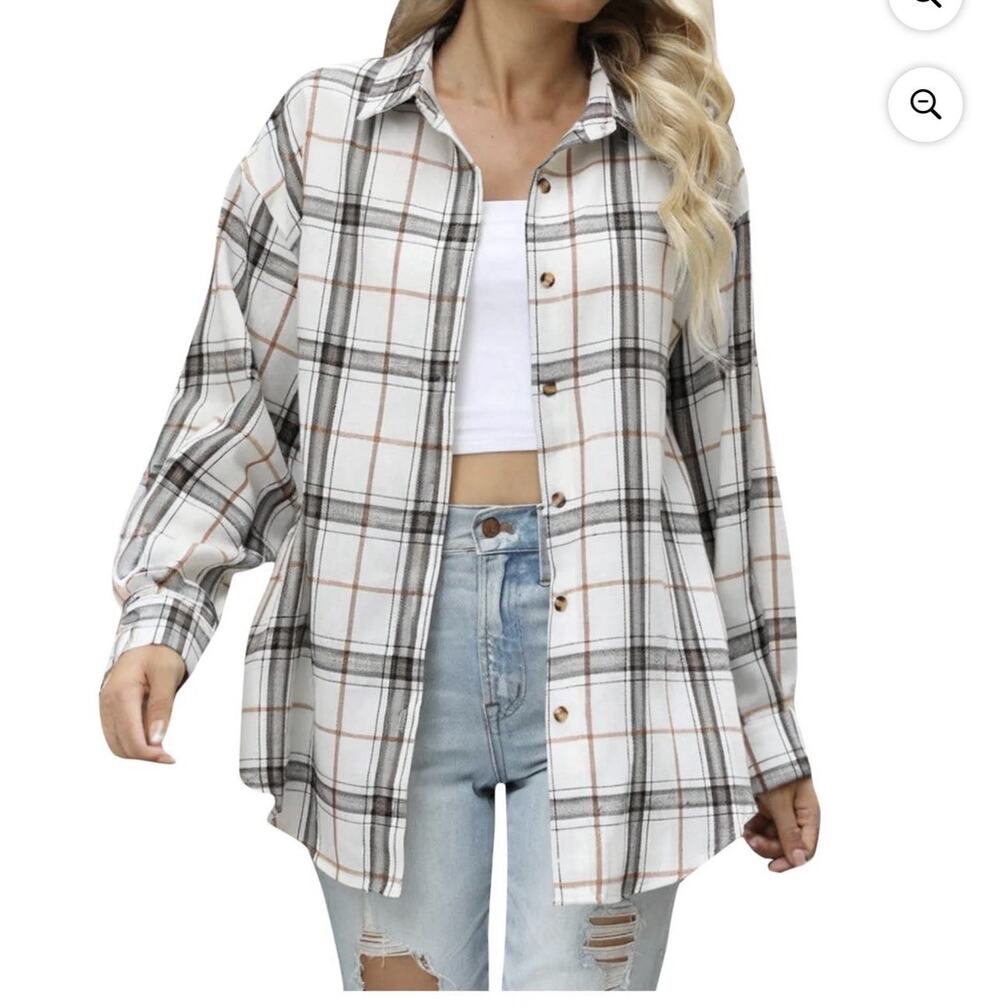 Fantaslook Plaid Shirt Womens 3XL Cream Black Brown Button Down Oversized NWT
